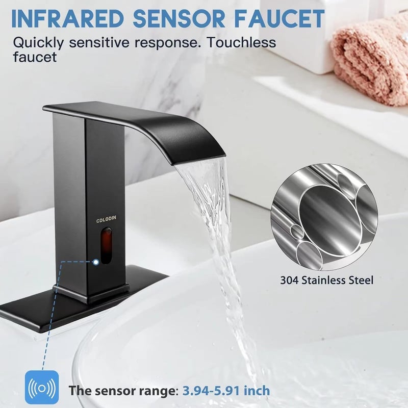 CDLODIN Touchless Bathroom Faucet, Automatic Sensor Waterfall Bathroom Tap, Modern Stainless Matte Black Sink, Hands Free Motion Sensor Lavatory Faucets for Sink 1 Hole - Image 4